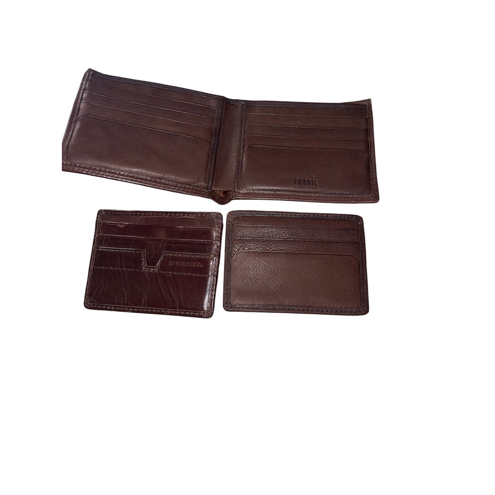 Fossil Mens Bifold Wallet and Removable Card Case Set Dark Brown Genuine Leather